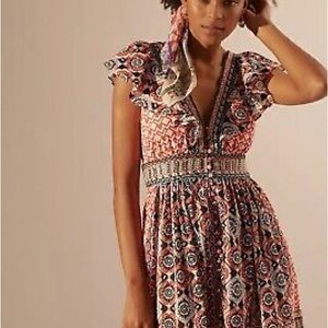 Anthropologie Flutter Printed Beaded Embroidered Mini Dress Size 16W